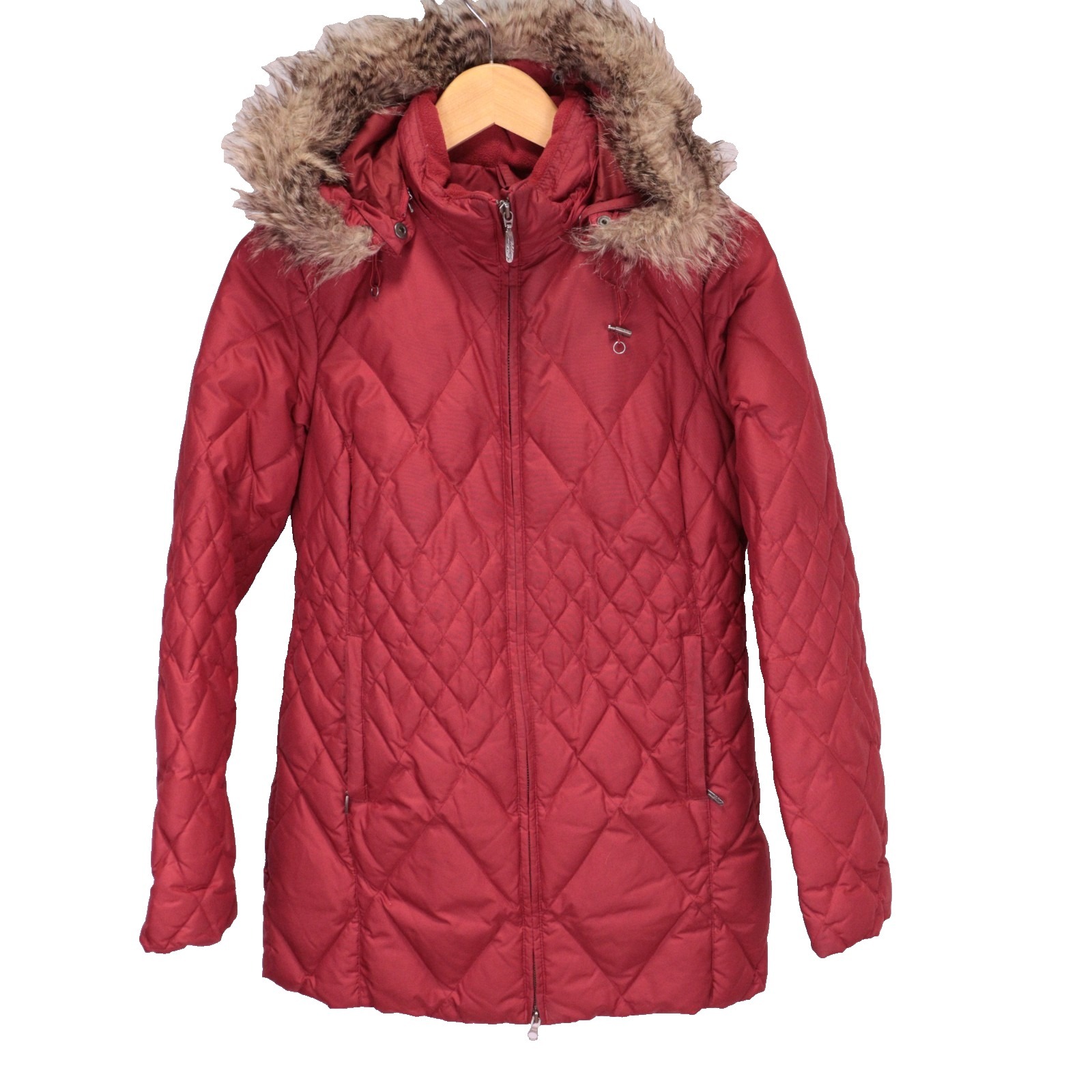 Eddie Bauer Jacket Womens Small Red Quilted Puffer Goose Down Fur Trim Hooded